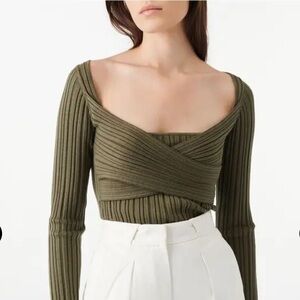 IRO Amarok Square Neck Ribbed Long Sleeve Top in Olive Green Sz M $395